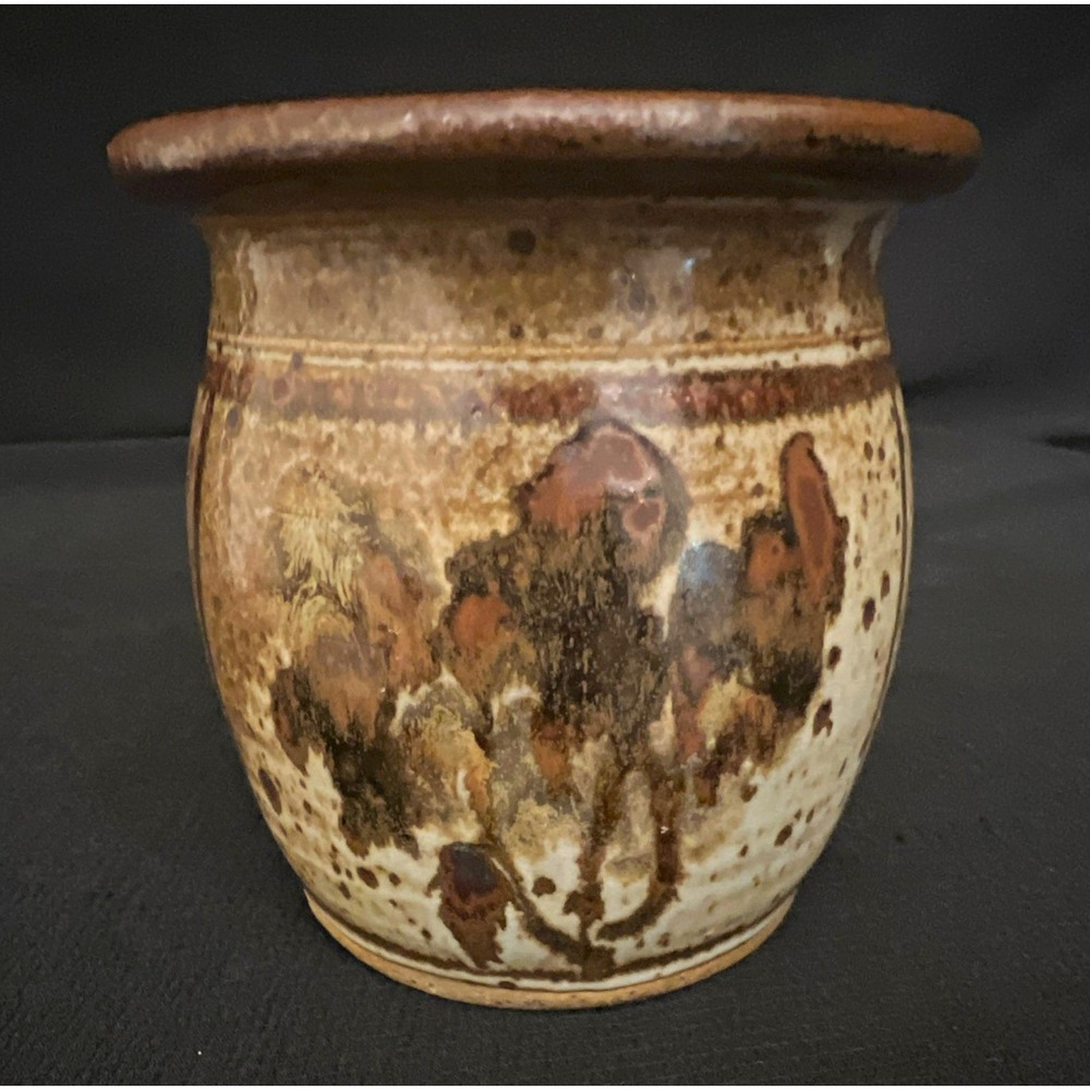 Signed Studio Art Pottery Vase Brown Beige Abstract Glaze Glossy Finish 4"